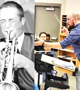 A musician passionately playing trumpet and another conducting a band rehearsal.
